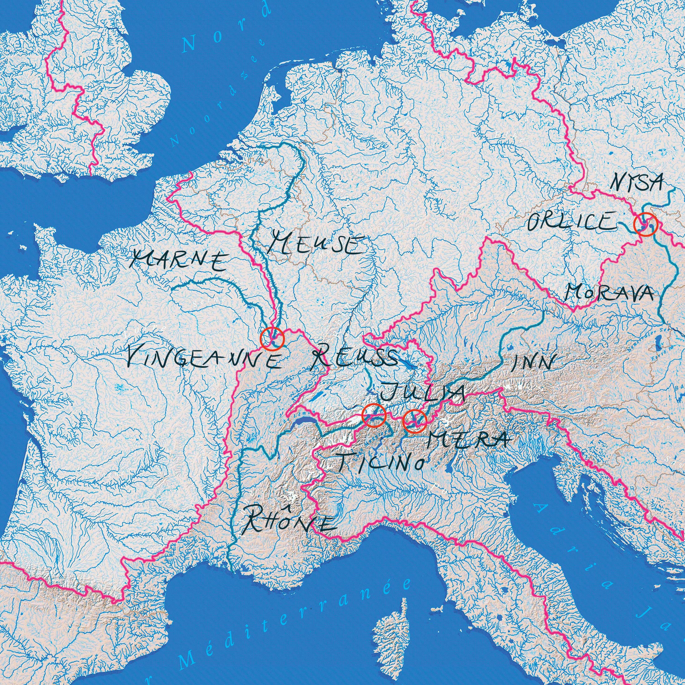 Map of Europe with Watershed